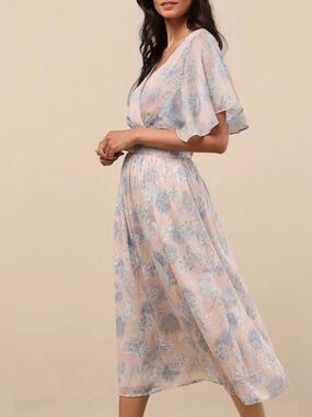 Lulu's Blush Beige Smocked Waist Flutter Sleeves Dress